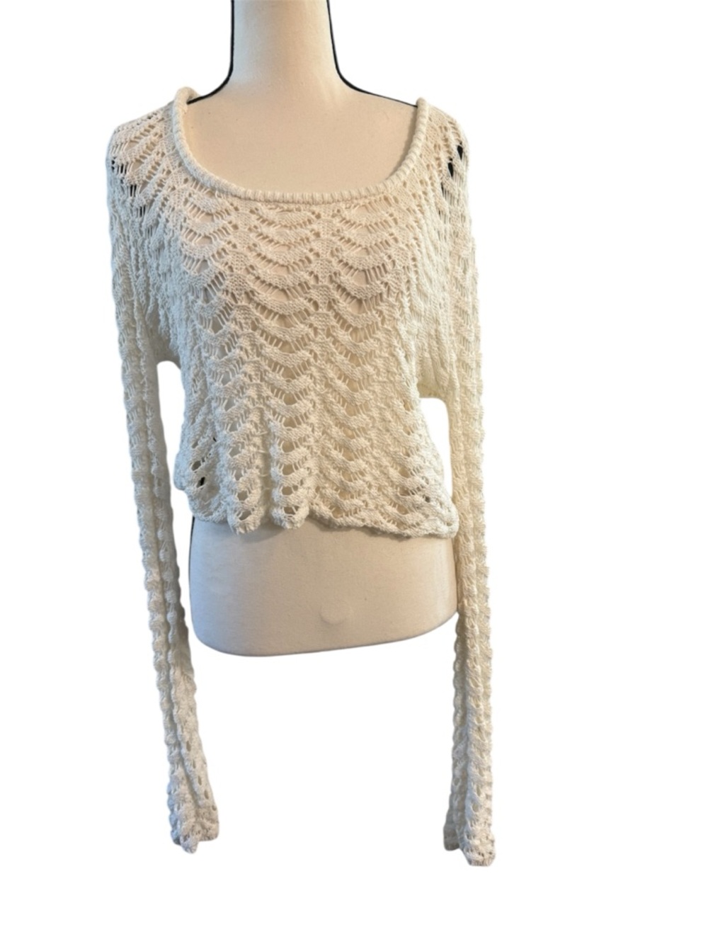 Bershka | White Open Knit Scoop-Neck Crop Sweater